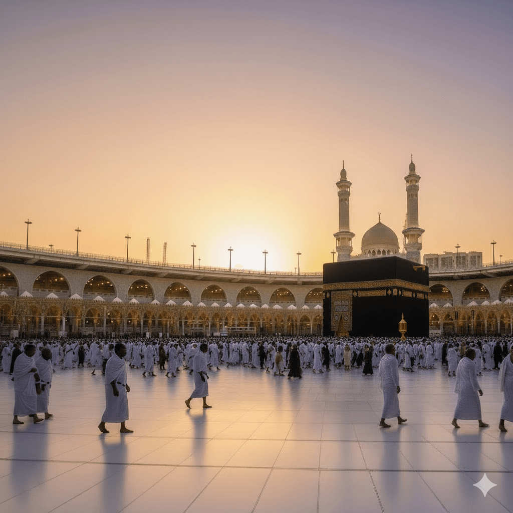Golden hour view of pilgrims performing Tawaf around the Kaaba in Mecca.